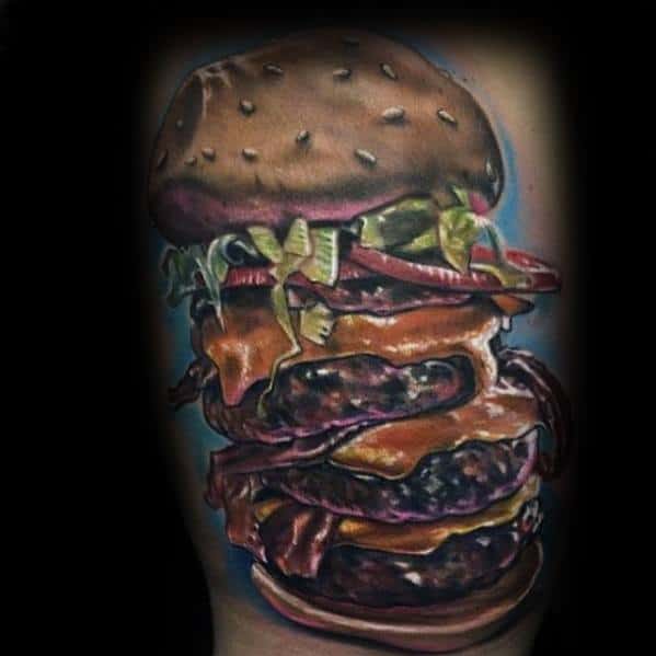 Hyper Realistic Arm Gentleman With Cheeseburger Tattoo