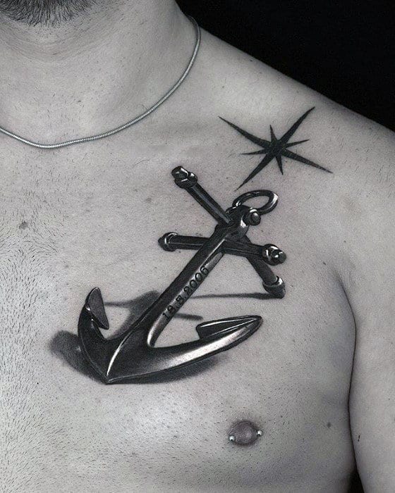 Hyper Realistic Guys 3d Anchor Tattoo On Upper Chest