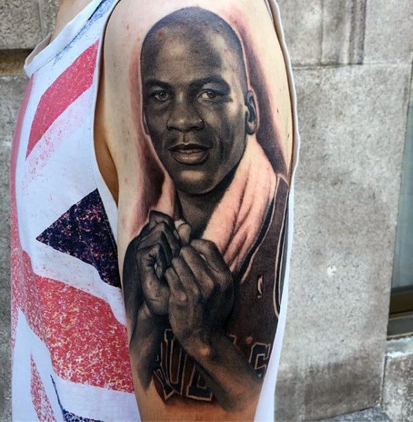 Hyper Realistic Mens Jordan Portrait Tattoo On Arm