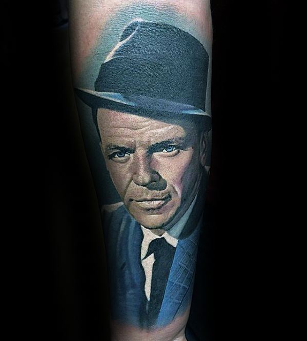 Hyper Realistic Portrait Frank Sinatra Forearm Tattoo Designs For Guys