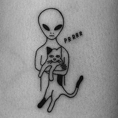 I Love Cats Alien Line Tattoo