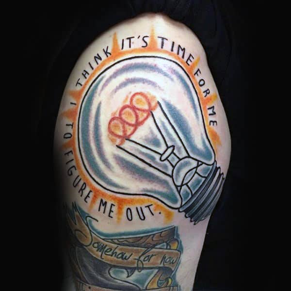 I Think Its Time For Me To Figure It Out Light Bulb Mens Upper Arm Tattoo