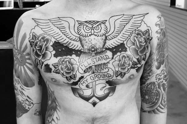 I Will Stand My Ground Owl Banner Traditional Mens Chest Tattos