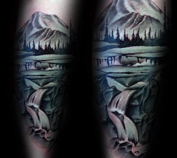 Ice Mountains Waterfall Mens Inner Forearm Tattoo