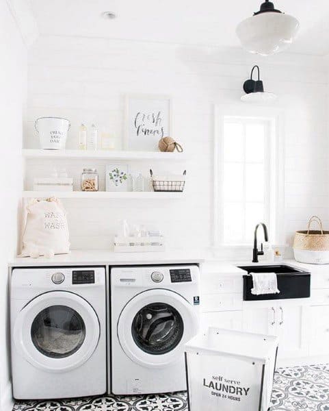 floating shelves in a laundry area