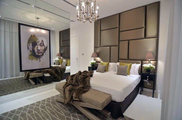 large padded squares headboard luxury bedroom chandelier