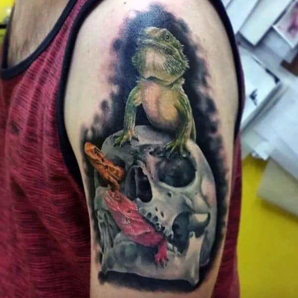 Iguanas On Skull Tattoo For Men Arms