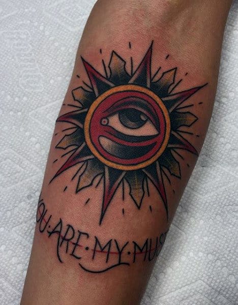 Illuminati Sun Eye Tattoo On Mans Inner Forearm