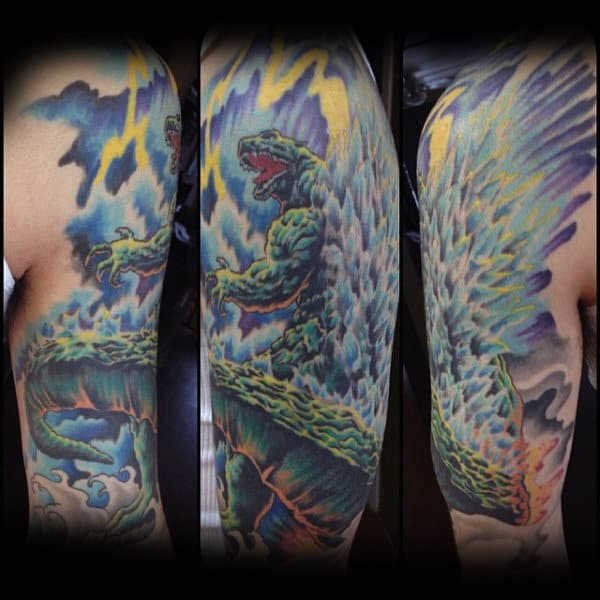 Illustrated Large Sleeve Godzilla In Storm Tattoo For Guys