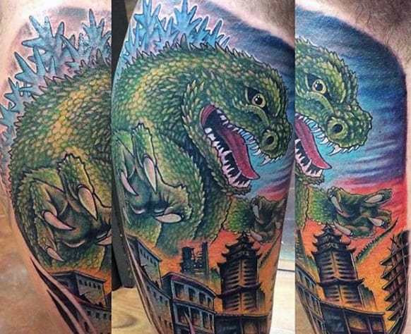 Illustrative American Traditional Tattoo Of Godzilla In Japan On Guy