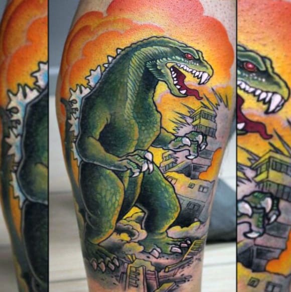 Illustrative Classic Tattoo Of Godzilla Lizard King Destroying Cities On Man