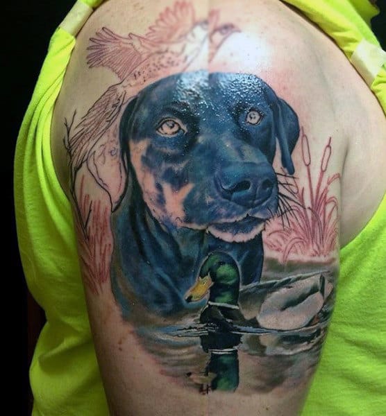 Illustrative Portrait Of Dog And Duck Pond Tattoo For Man