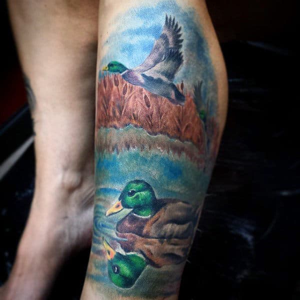 Illustrative Realistic Colorful Ducks On Pond Tattoo For Guys