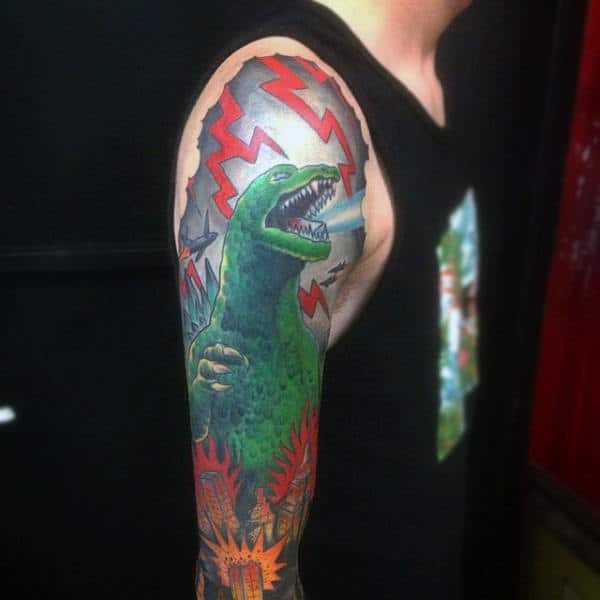 Illustrative Scene Of Godzilla In Storm Sleeve Tattoo On Man