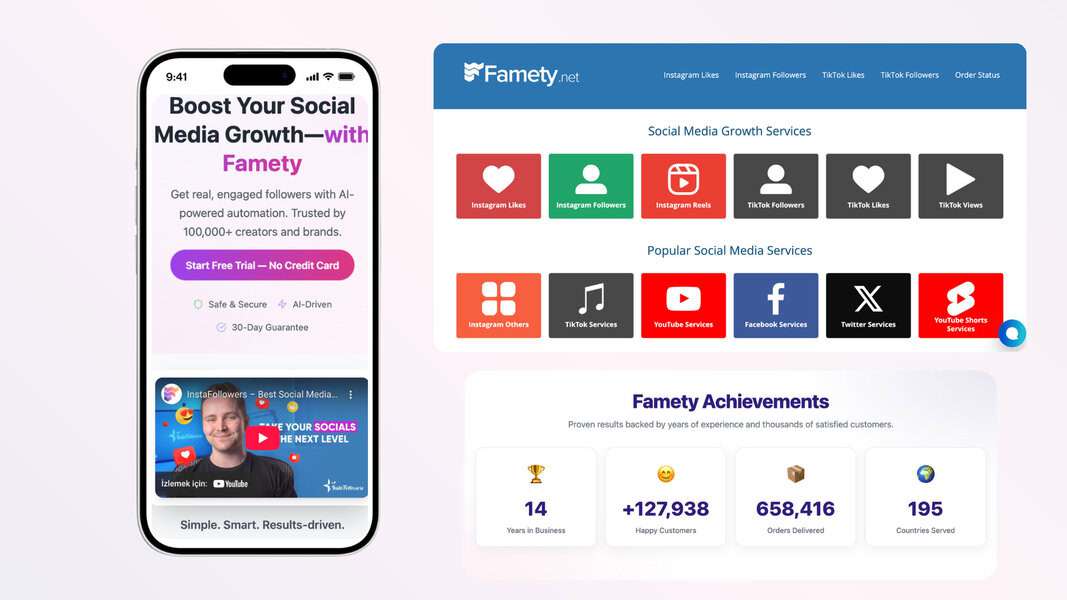 Mobile and desktop views of Famety.net showing Instagram follower providers, social media stats and achievement highlights