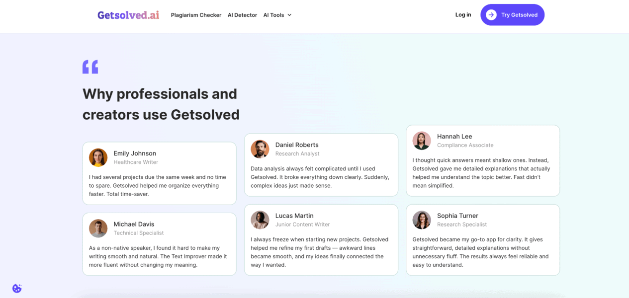 Entrepreneur and pro testimonials praising Getsolved AI are shown in individual cards on the website