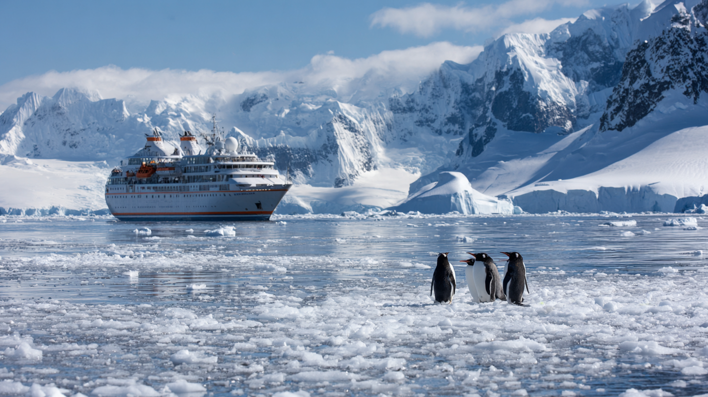 Four penguins on ice near a cruise ship with glaciers and snowy peaks in the background, highlighting Antarctic wildlife access