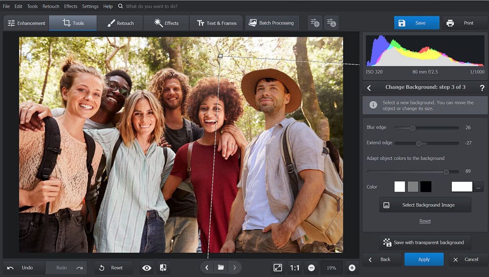A photo editing software window displays six smiling people outdoors, with group photo fixing tools and a color histogram visible