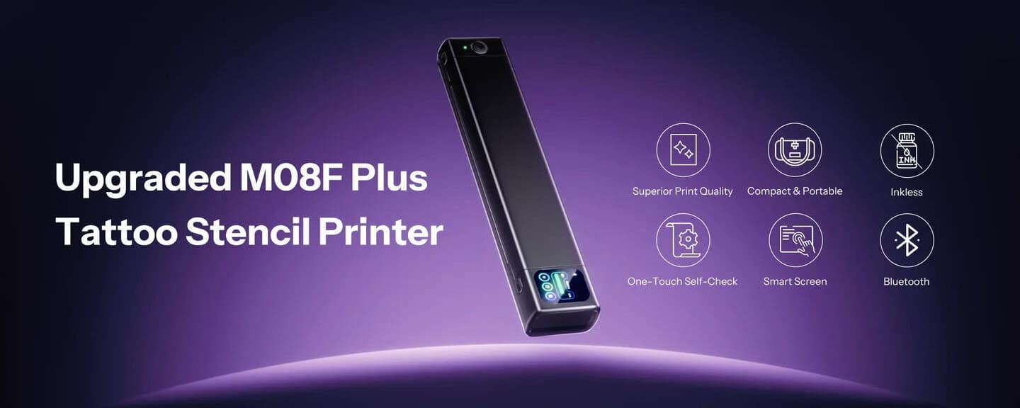 Black M08F Plus tattoo stencil printer shown with icons emphasizing tattooing precision on a purple background