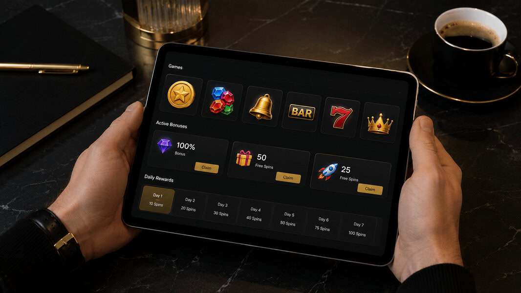 Person with tablet showing a digital slot machine and bonus offers, checking casino ratings at a dark table beside a cup of coffee