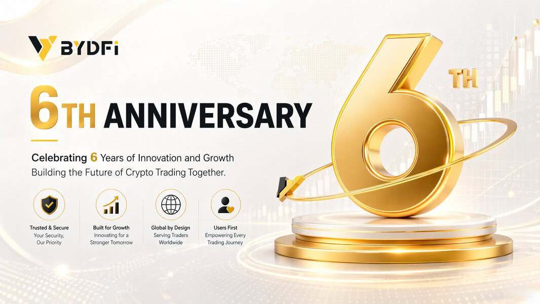 Gold 3D “6th” on a podium: “BYDFi 6th Anniversary. Celebrating 6 years of privacy and innovation in crypto trading