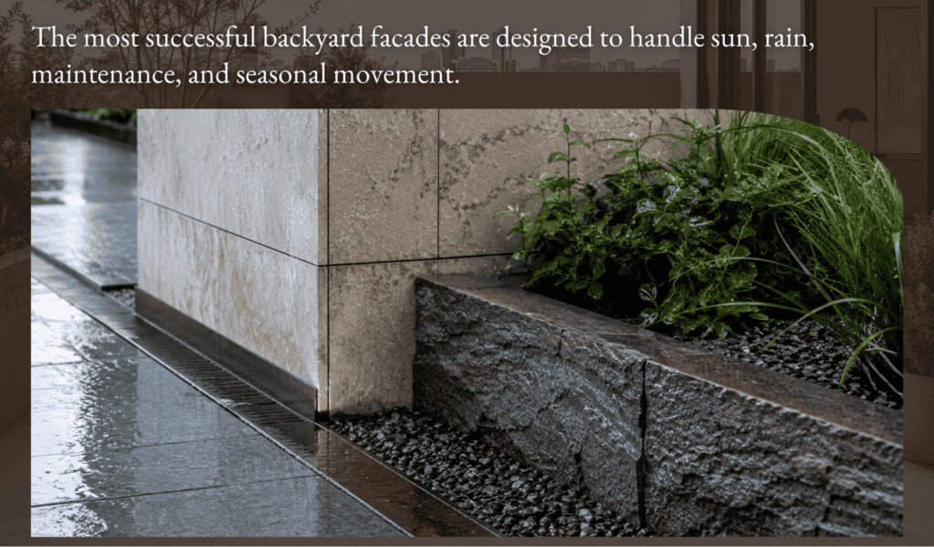 Rain-soaked patio with stone facade, lush backyard greenery, and glistening wet tiles; text about durable exterior facade ideas on top
