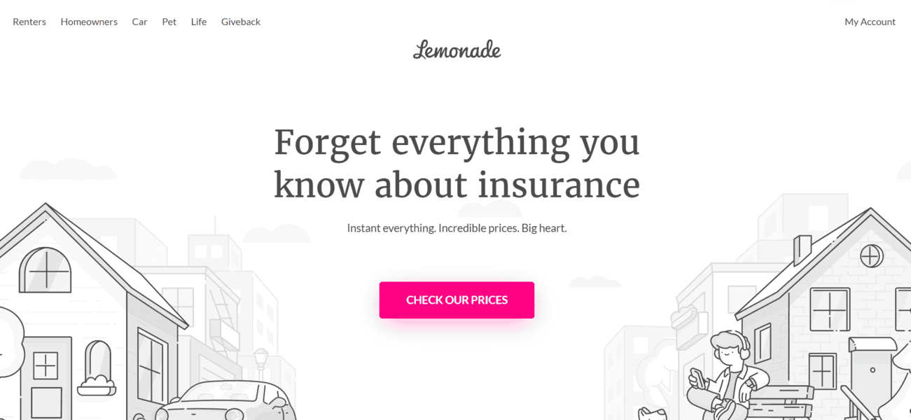 Lemonade insurance homepage: "Forget everything you know about insurance." Get top renters insurance with a pink "Check Our Prices" button