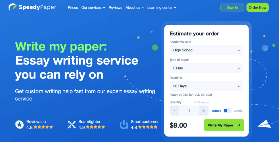 SpeedyPaper provides custom paper writing, instant quotes, high ratings, with quick sign-in and easy order options