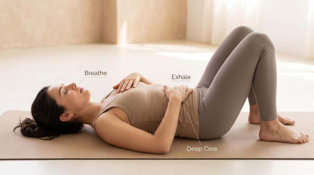 Woman on a yoga mat practicing deep breathing during gentle postpartum exercises to regain strength after pregnancy