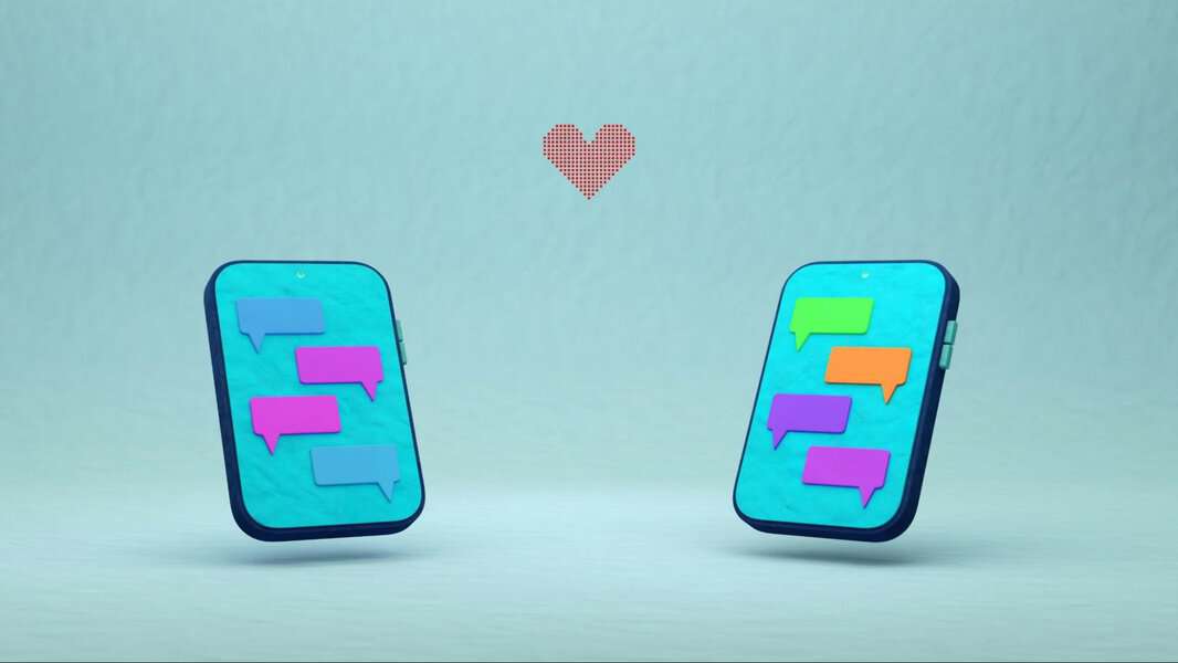 Two smartphones with chat bubbles and a pixelated heart show the charm of real relationships in modern dating on a light blue background
