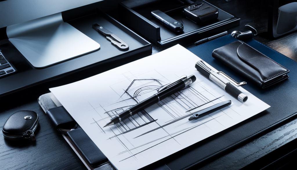 Sketch of a building next to a pen and laptop, perfect for architects interested in sustainable design