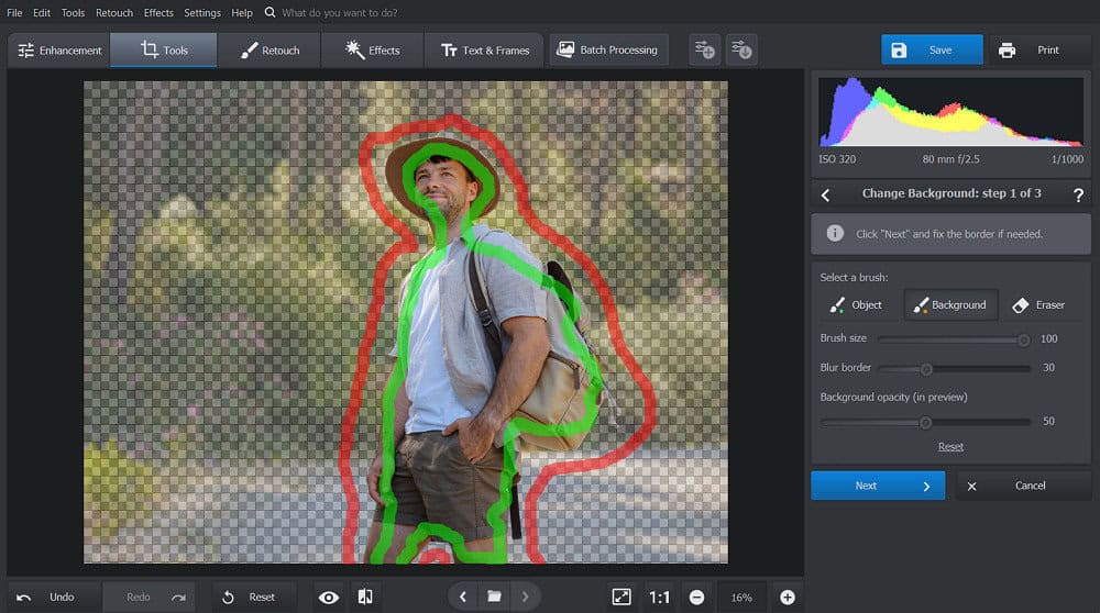 Photo editing software highlights a man, demonstrating selection tools to add people to images or modify the background