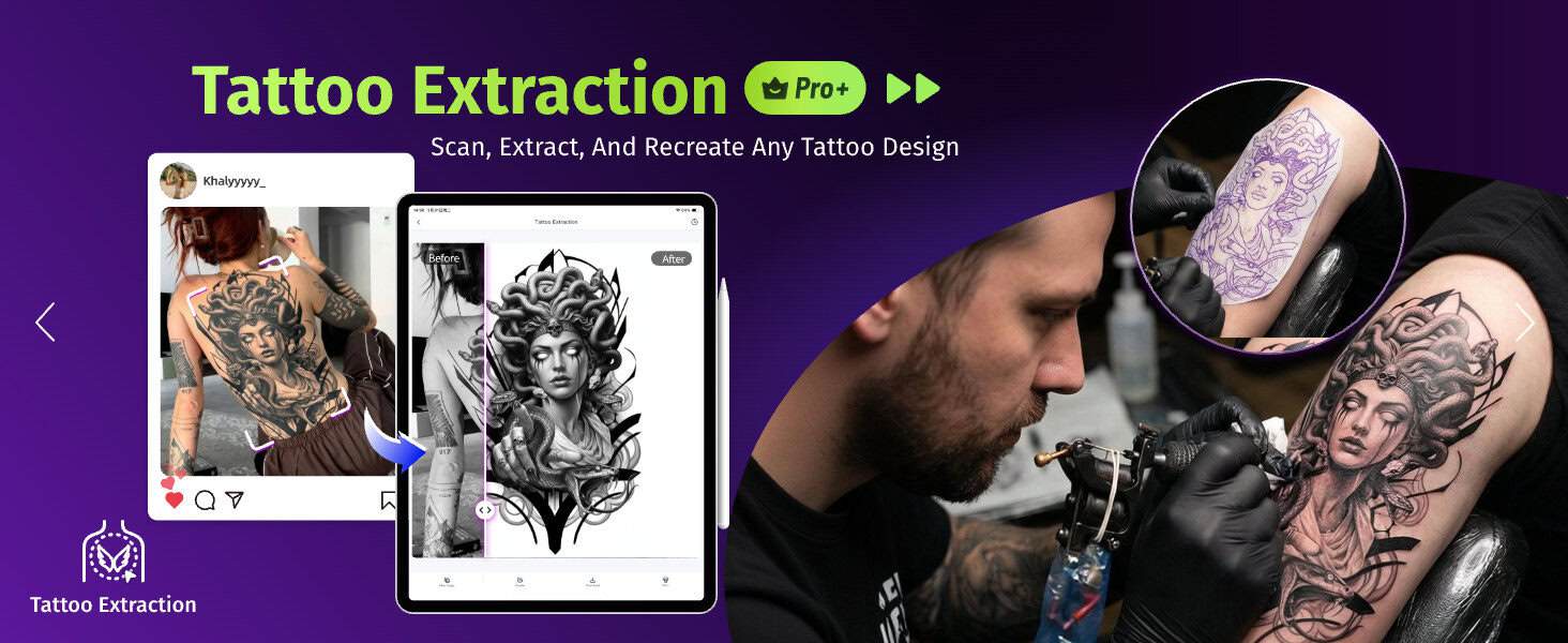 Banner showing tattoo extraction: a photo of a tattoo, a tablet displaying the design, and an artist using a portable printer on a client’s leg