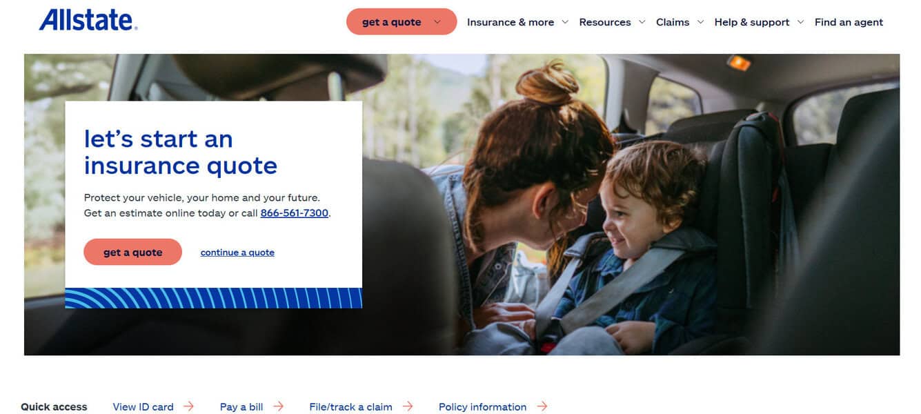 A woman smiles at a child in a car seat as the Allstate site invites users to start a Texas renters insurance quote