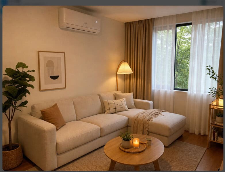 Cozy living room featuring a beige sofa, floor lamp, and potted plant—an ideal spot for workspace upgrades and energy-saving ideas