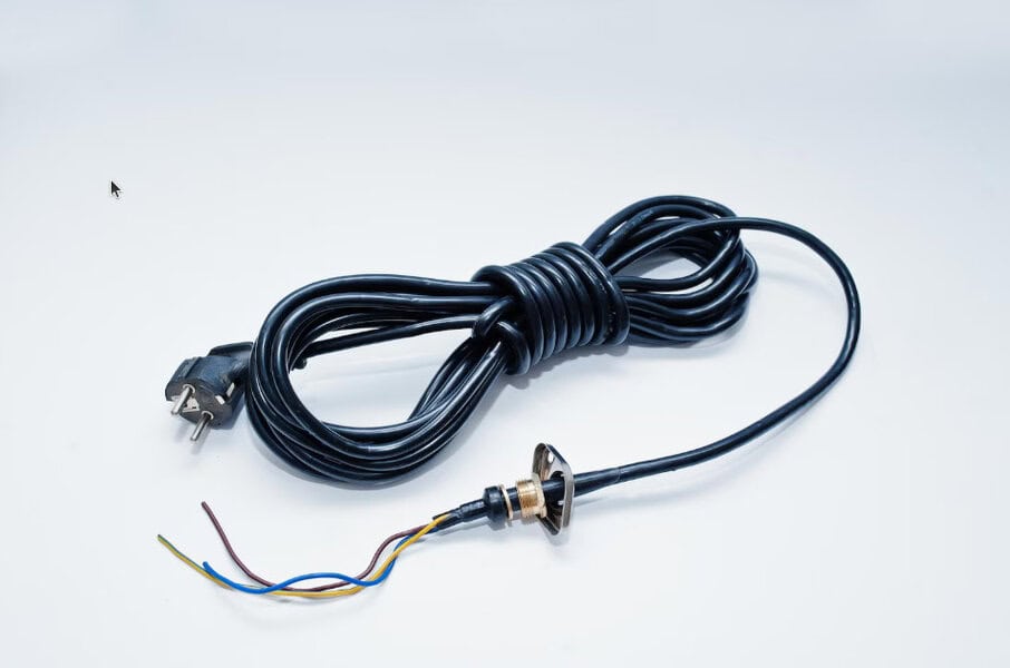 Black power cord with exposed colored wires for safe, dependable electrical connections shown on a white background