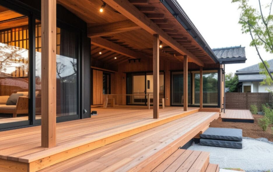 Spacious wooden deck with steps, large sliding doors, and warm lighting—an inviting outdoor area for a modern Japanese-style home