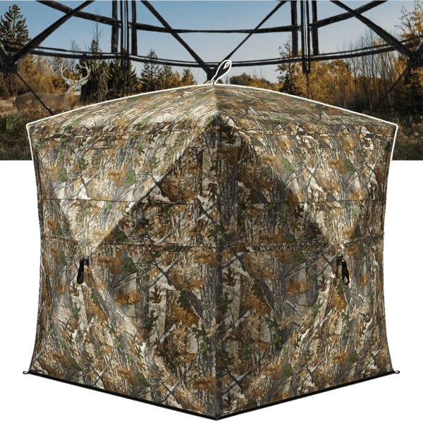 A camouflage hunting blind outdoors, blending with autumn trees—ideal after muddy walks or just before a cosy visit to the pub