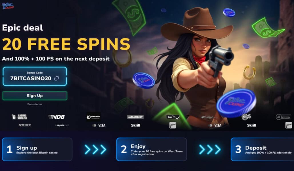 Cowgirl aiming guns; promo text highlights free spins, deposit bonuses, and bonus codes at a no deposit casino—sign up to play