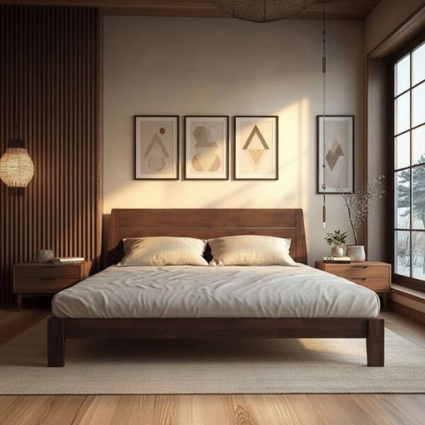 Minimalist bedroom featuring a sturdy Japanese joinery bed frame, neutral bedding, abstract wall art, and plenty of natural light