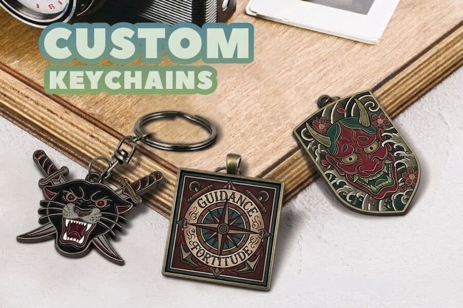 Three custom metal keychains featuring unique designs, ideal to match with patches, stickers or pins for your collection