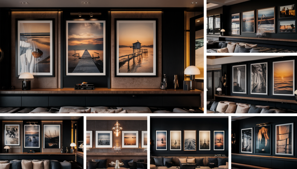 The image showcases a sophisticated interior with a modern masculine aesthetic, highlighting framed fine art photography on walls in the style of Slim Aarons, complemented by dark, rich tones, natural wood and metallic accents, and soft lighting, creating a luxurious and inviting ambiance.