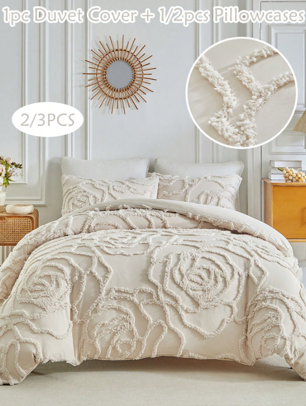 Khaki Rose Flower Pattern Tufted Polyester Duvet Cover Set