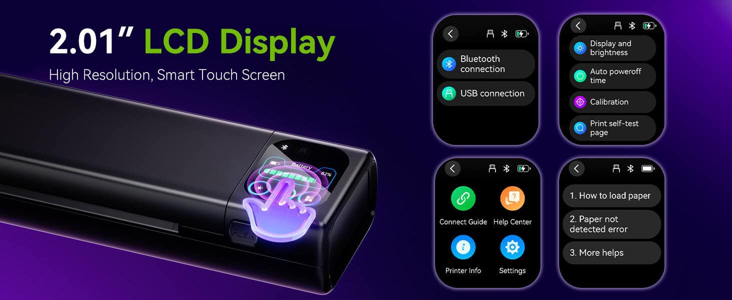 A black portable tattoo printer with 2.01" LCD touchscreen; close-ups highlight Bluetooth, USB ports, display settings, and help menu options
