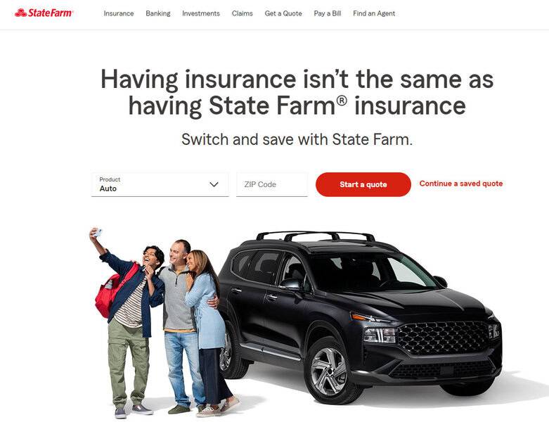 Three people take a selfie next to a black SUV, with compare renters insurance quote options shown above on a white background