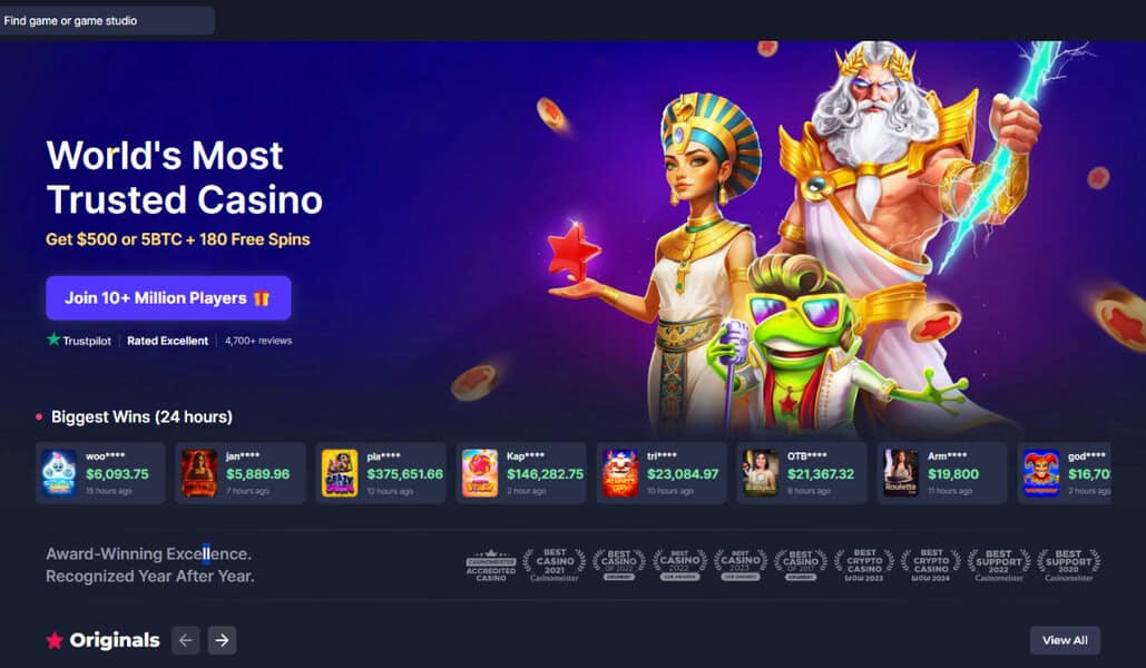 Casino homepage featuring vivid game characters, big cash wins, and free spin deals at leading no deposit bonus casinos