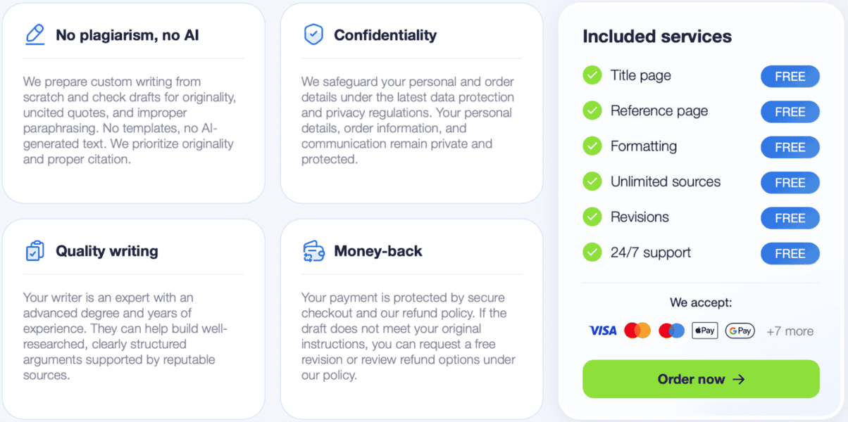 SpeedyPaper offers custom paper writing, ensuring no plagiarism, confidentiality, high-quality papers, free features and clear payments