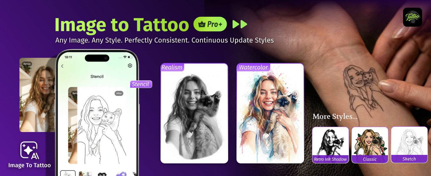 A phone shows a woman’s photo turned into tattoo styles for tattooing, with style options and tattoo stencil printers displayed underneath