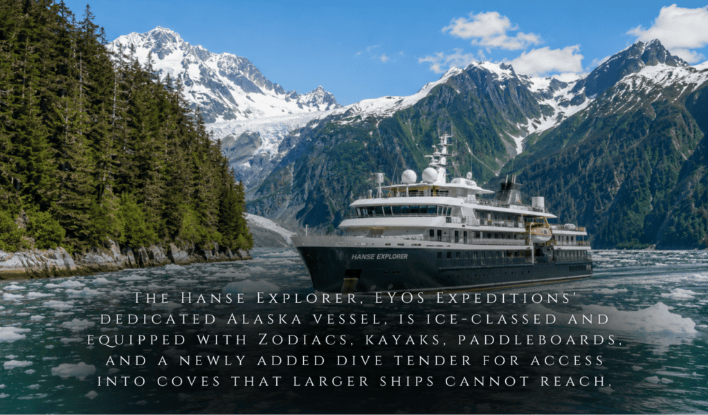 A luxury expedition vessel glides through Southeast Alaska's icy waters, with mountains and evergreen forests beneath cloudy skies