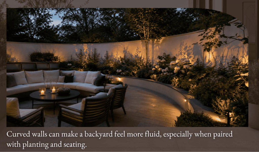 Curved backyard walls lined with plants, gentle lights, tiled flooring, and comfy seating form a cozy outdoor space at dusk